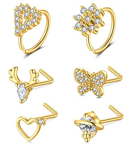 Mayhoop Piercing Nez en Acier Chirurgical pour Femme et Homme - Coeur Fleur Papillon Ramure - 20G - Disponible en Argent — 6 Pièces-or
