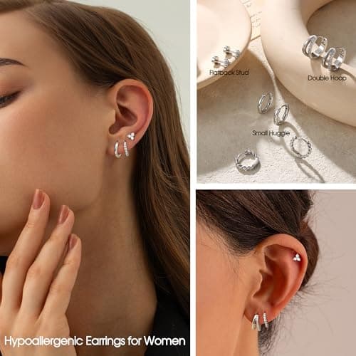 Adramata 4 Pairs Boucles d'Oreilles FemmePlaqué Or 14K/Argent - Piercings Tragus, Helix & Creole - Élégantes & Durables