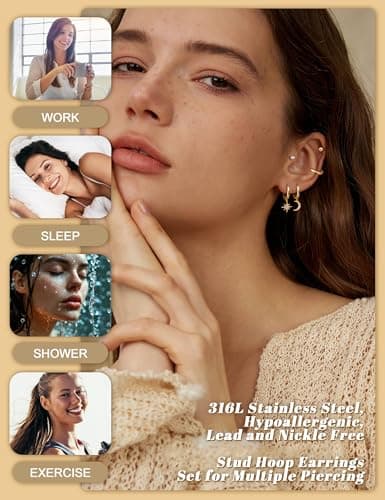Adramata Or Argent Boucles d'Oreilles Femme Piercings Tragus Helix 10 Paires Climatiques Étanches