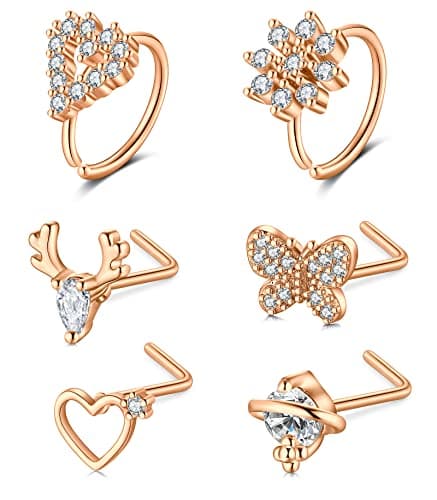 Mayhoop Piercing Nez en Acier Chirurgical pour Femme et Homme - Coeur Fleur Papillon Ramure - 20G - Disponible en Argent — 6 Pièces-or Rose