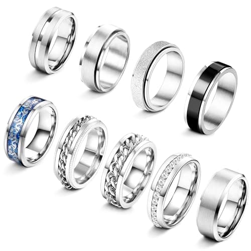 Adramata 9Pcs Bague Homme Anti Stress Recycled Argent Noir Acier Inoxydable Bague Mariage Fidget Bijoux Homme vintage