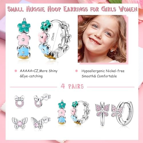 Adramata 4 Paires Boucles d'oreilles en Argent Sterling 925 Hypoallergéniques pour Filles Créoles Coeur Papillon Zircone