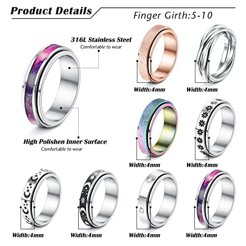 Adramata Anti Stress Bague 316L Acier Inoxydable pour Femmes et Hommes - Bague Anxiété Spinner Recyclée Standard 100