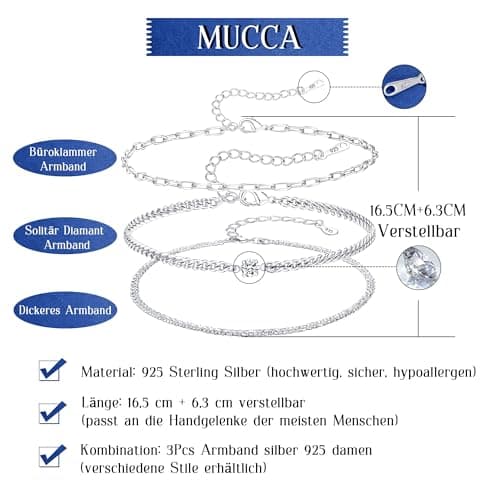 MUCCA Lot de 3 bracelets empilables en argent 925 pour femme - Cadeau d'anniversaire - Argent sterling multicouche régla