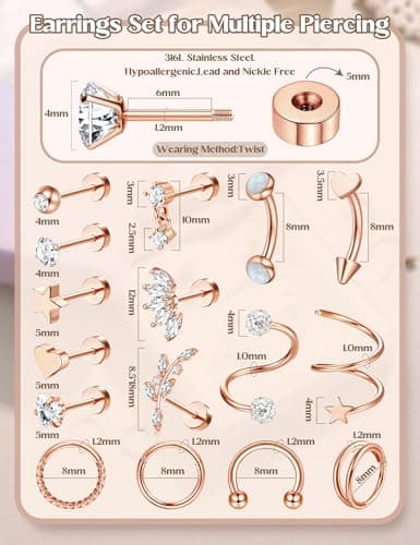Adramata Acier Inoxydable Helix 16G Boucles d'Oreilles Femme Hypoallergène Confortables Cartilage Piercings (Or/Argent/O