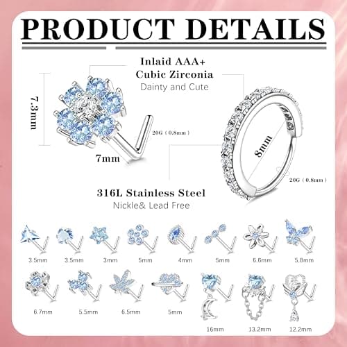 Milacolato Anneaux de Nez Hypoallergénique pour Femmes Vis de Goujon de Nez en Acier Inoxydable avec Zircone Cubique 20P