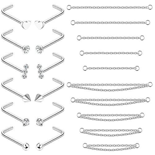 Adramata 12Pcs Nez Anneau + 10Pcs Chaîne de Nez pour Double Piercing de Femmes et Hommes - Acier Chirurgical 20G Recycle