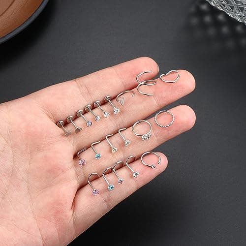 Adramata Élégants Piercings au Nez pour Femme et Homme - 20PC Acier Chirurgical 2MM CZ Coeurbijoux Recyclé Standard 100