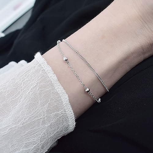 Bracelet Argent 925 Femme, Double Couche Reglable pour Meilleure Amie avec Perles Fin et Boule en Argent, Bijoux Pour Fi