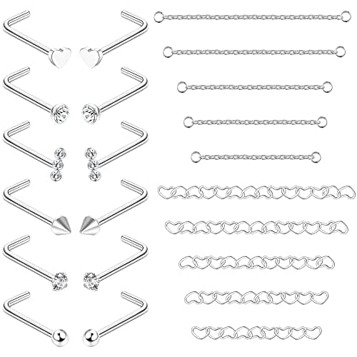 Adramata 12Pcs Nez Anneau + 10Pcs Chaîne de Nez pour Double Piercing de Femmes et Hommes - Acier Chirurgical 20G Recycle — Argent-a