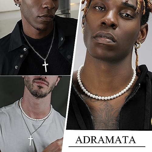 Adramata 2 Pcs Colliers en Acier Inoxydable pour Homme et Femme - Croix Viking, Lance et Perles Simulées - Chaîne Argent