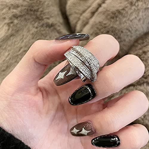 Bague Argent Ajustable avec Zircon pour Femme Fille Ado, Design Géométrique Vintage, Bague Ouverte pour Pouce et Doigts