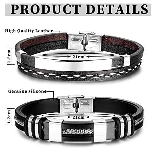 Adramata Bijoux Homme Cuir Noir Recycled 2PCs Bracelets Homme Anniversaire Cadeau Fête des Pères