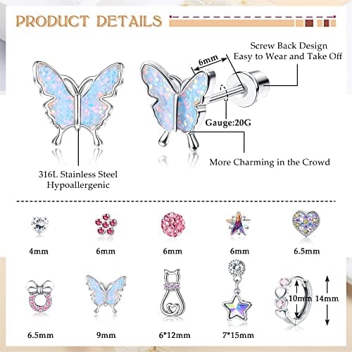 Adramata 10 Paires Boucles d'Oreilles Femme Fille Hypoallergéniques Boucles d'Oreilles en Acier Chirurgical à Papillon F