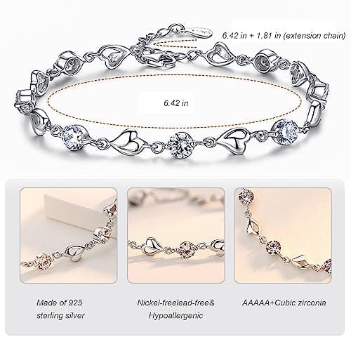 Bracelet Argent 925 Femme Coeur Ajustable avec Anneau NGUSO, Bracelet Argent Massif Femme Coeur 925 Ajustable avec Annea