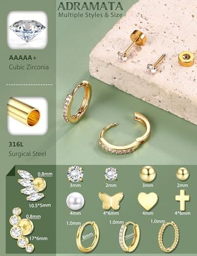 Adramata Or et Argent Boucles d'Oreilles Femme Hypoallergéniques Piercings Tragus Helix