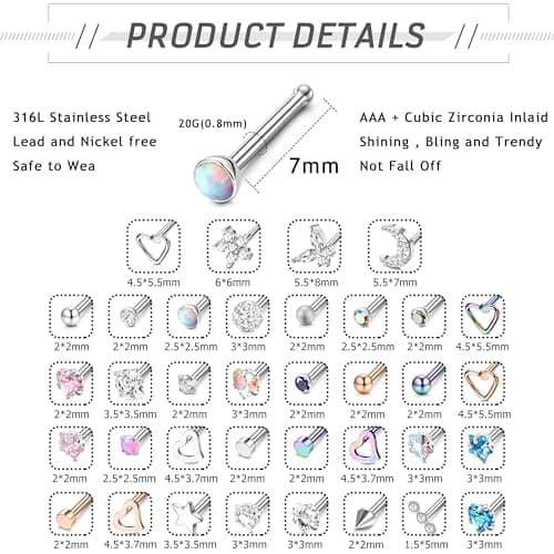 LOLIAS Piercing Nez Acier Chirurgical Femme Screw Piercing Nez Diamond CZ Nostril Piercing Standard 100