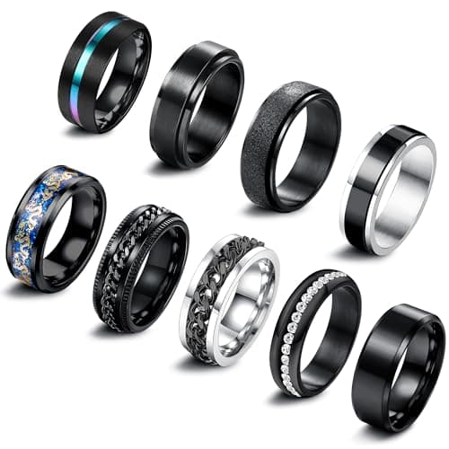 Adramata 9Pcs Bague Homme Anti Stress Recycled Argent Noir Acier Inoxydable Bague Mariage Fidget Bijoux Homme vintage — Noir