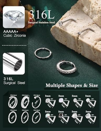 Adramata Or 14K Piercing Nez Acier Chirurgical Hypoallergénique pour Femmes Hommes Anneau de Nez CZ Coeur 20G (14Pcs) Pi