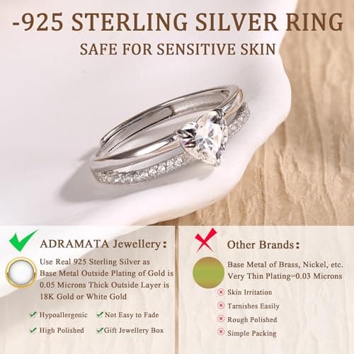 Adramata Bague Coeur Brillant CZ Plaqué Or 18K Femme Empilables Alliance Mariage Bague Promesse Reglable Pied 100 Recycl