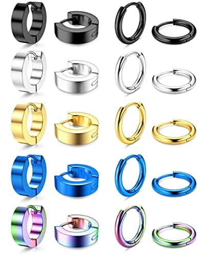 Adramata 10 Paires Boucles d'Oreilles Homme Créoles | Acier Inoxydable Coloré Or Noir Argent Piercing Helix Conque | Rec