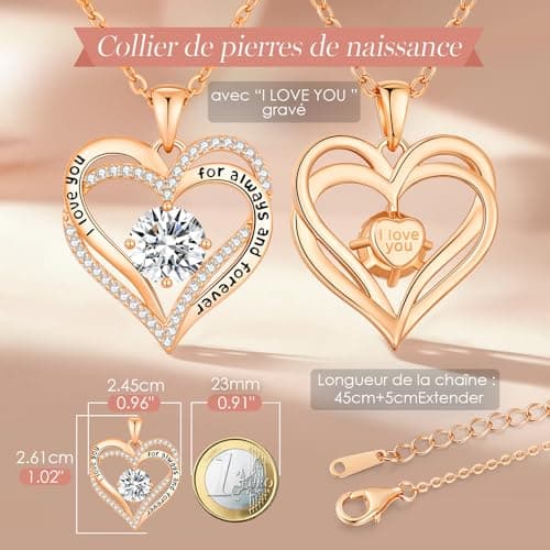Collier Femme Coeur Pierre de Naissance, Bijoux Cadeau Fête des Mères Anniversaire Graduation Maman Noël Saint Valentin