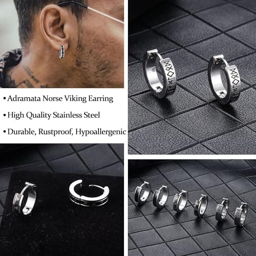 Adramata Lot de 3 paires de boucles d'oreilles créoles viking en acier inoxydable - Homme et Femme - Noir - Diamètre int