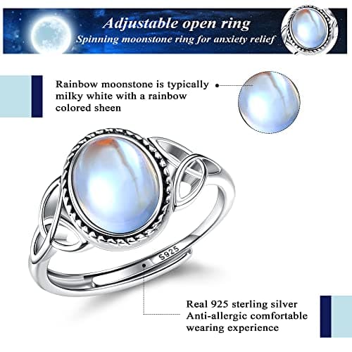 Milacolato Bague Pierre De Lune Ajustable Argent 925 Femme, Bague Triangle Celtique Zirconium Ovale Coeur Boîte Cadeau,