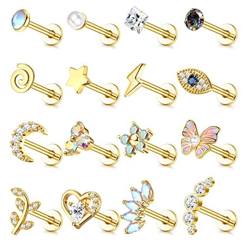 Adramata Acier Chirurgical Oreille Piercing pour Femme 16Pcs 16G Tragus Cartilage Fleur Papillon Conque Helix Bijoux Rec