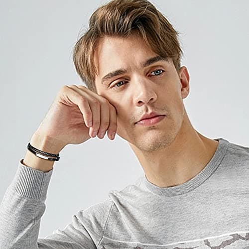 Adramata Bijoux Homme Cuir Noir Recycled 2PCs Bracelets Homme Anniversaire Cadeau Fête des Pères