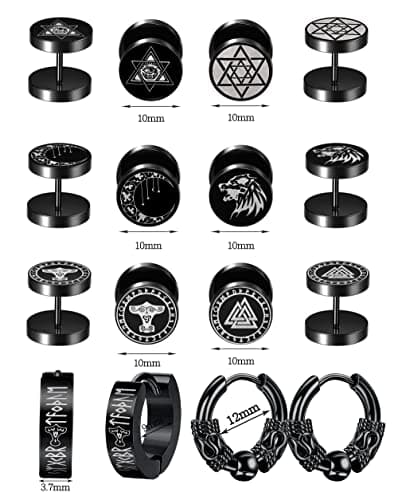 Adramata 8 Paires Boucles d'Oreilles Acier Inoxydable pour Homme et Femme, Boucles d'Oreille Créoles Noir, Faux Ecarteur
