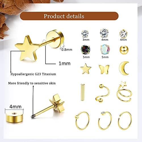 Adramata Piercings G23 Titane pour Femme et Homme - Tragus et Cartilage - 18Pcs - Recycled Claim Standard 100