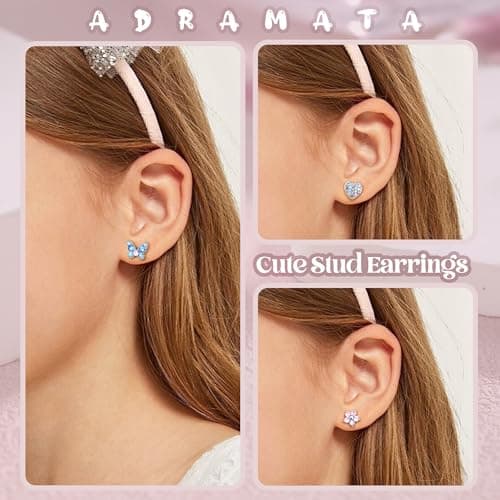 Adramata Boucles d'Oreilles Argent 925 Fille et Femme Hypoallergéniques Boucles d'Oreilles Fleur Coeur Papillon avec Des