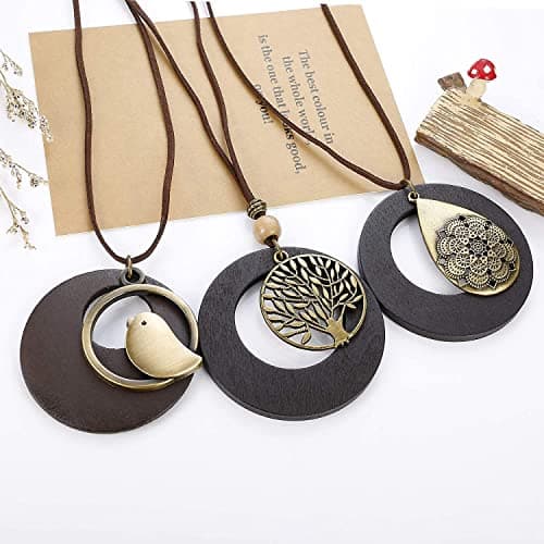 Adramata Pendleton 3pcs Pendentif Bois Vintage Femmes Chaîne Cuir Recycled