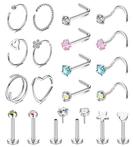 Adramata Élégants Piercings au Nez pour Femme et Homme - 20PC Acier Chirurgical 2MM CZ Coeurbijoux Recyclé Standard 100
