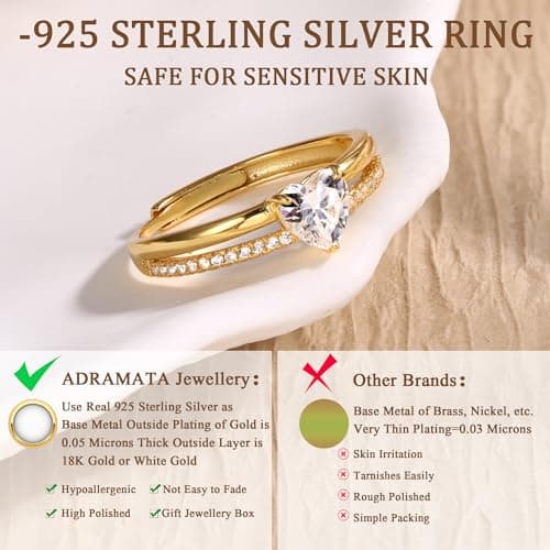 Bague Argent 925 Coeur Brillant CZ Or Plaqué Femme Empilables Fiancailles Promesse Reglable Or Rose Recyclé Standard