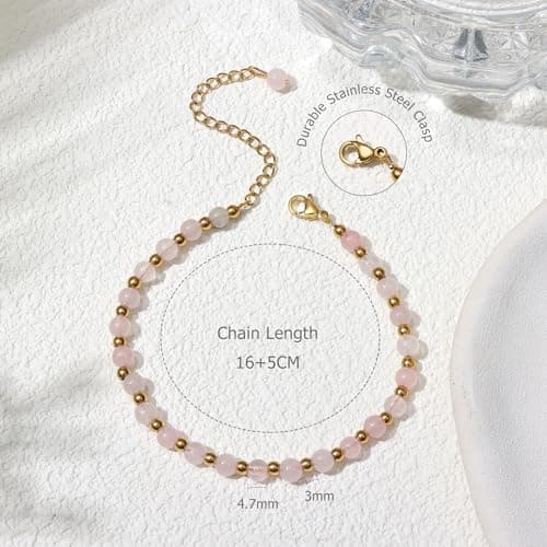 Bracelet Naturel en Pierre de 5MM Plqué Or pour Femme Bracelet Bohème en Acier Inoxydable de 3MM pour Femme Bracelet en