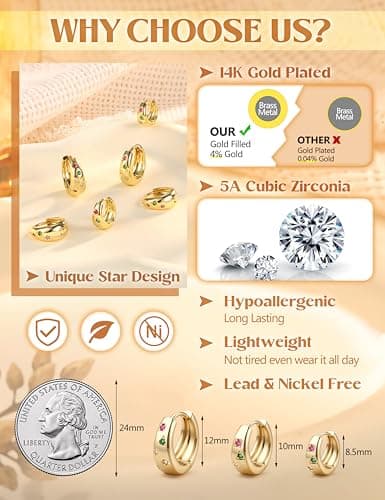 Adramata Boucles d'Oreilles Creole Plaqué Or 14K Hypoallergéniques Femme Recycled | Or Grosse CZ | Argent Fantaisie | Pa