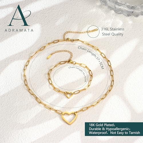 Collier et Bracelets Acier Inoxydable Plaqués Or Adramata Coeur Imperméables pour Femme Empilables et Réglables