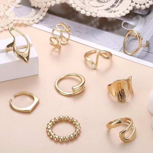 LOLIAS Or Plaqué 18K Rétro Bagues Femmes Filles Épais Ouvert Dôme Réglable 9 Pièces Ensemble Élégant Accessoire
