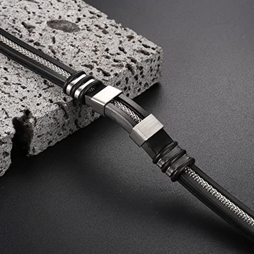 Adramata Bijoux Homme Cuir Noir Recycled 2PCs Bracelets Homme Anniversaire Cadeau Fête des Pères