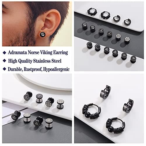 Adramata 8 Paires Boucles d'Oreilles Acier Inoxydable pour Homme et Femme, Boucles d'Oreille Créoles Noir, Faux Ecarteur