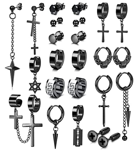 Adramata 24 Pcs Boucles d'Oreilles Acier Inoxydable pour Homme Punk et Fantaisie Standard 100 Noir — Noir