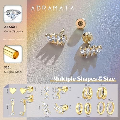 Adramata 7 Paires de Boucles d'Oreilles Or Acier Inoxydable Piercing Tragus Hypoallergénique pour Femme Bijoux Femme Fil