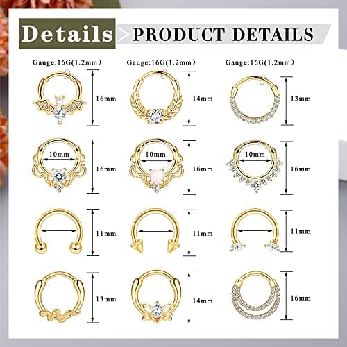 Adramata - Nez Anneaux Piercing pour Femmes | Aç smellurgical 12pcs 16G Tragus Conch Helix Septum Daith Boucles d'oreill