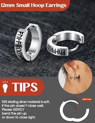 Boucles d'Oreilles Acier Inoxydable Adramata Noir Vikings Runes 12mm Homme Femme