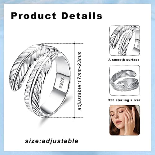 JeweBella Bague Femme en Argent Sterling 925 pour Femmes - Bague Plume Réglable Ouverte pour Filles - Mariage et Fiançai