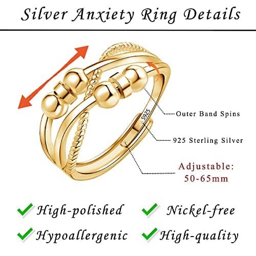 Josfeva Bague anti-anxiété en argent sterling 925 régler en plaqué or blanc pour homme et femme, bijoux relaxation événe