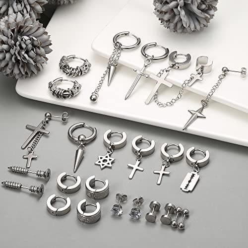 Adramata 24 Pcs Boucles d'Oreilles Acier Inoxydable pour Homme Punk et Fantaisie Standard 100 Noir