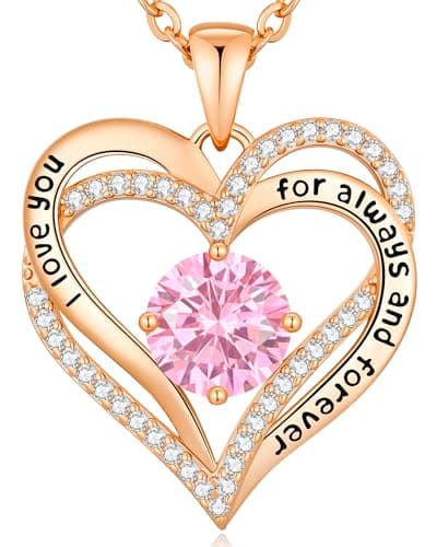 Collier Femme Coeur Pierre de Naissance, Bijoux Cadeau Fête des Mères Anniversaire Graduation Maman Noël Saint Valentin — Or Rose 10